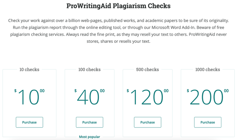 ProWritingAid plagiarism checker - pricing