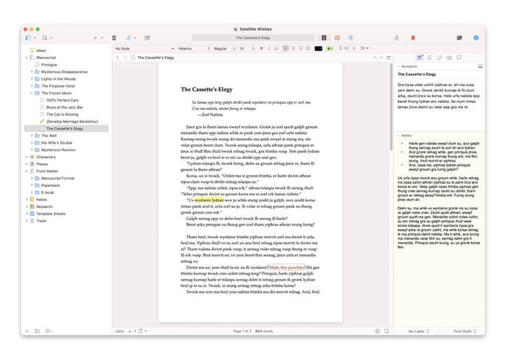 Scrivener word processing feature
